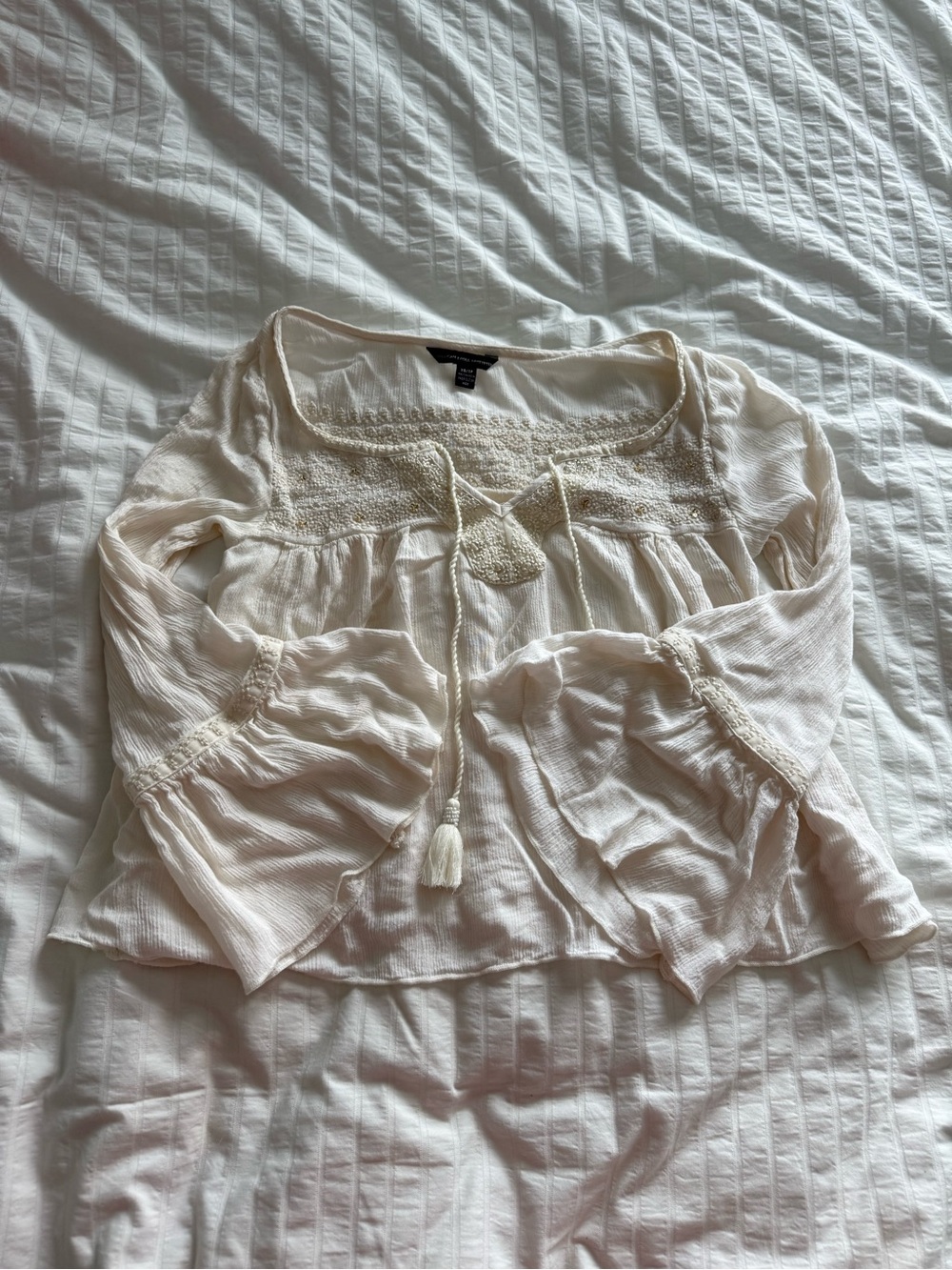 American Eagle Boho Embroidered Bell Sleeve Blouse - Size XS